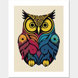 t-shirt design, colorful owl with yellow eyes on a black background, an airbrush painting Posters and Art